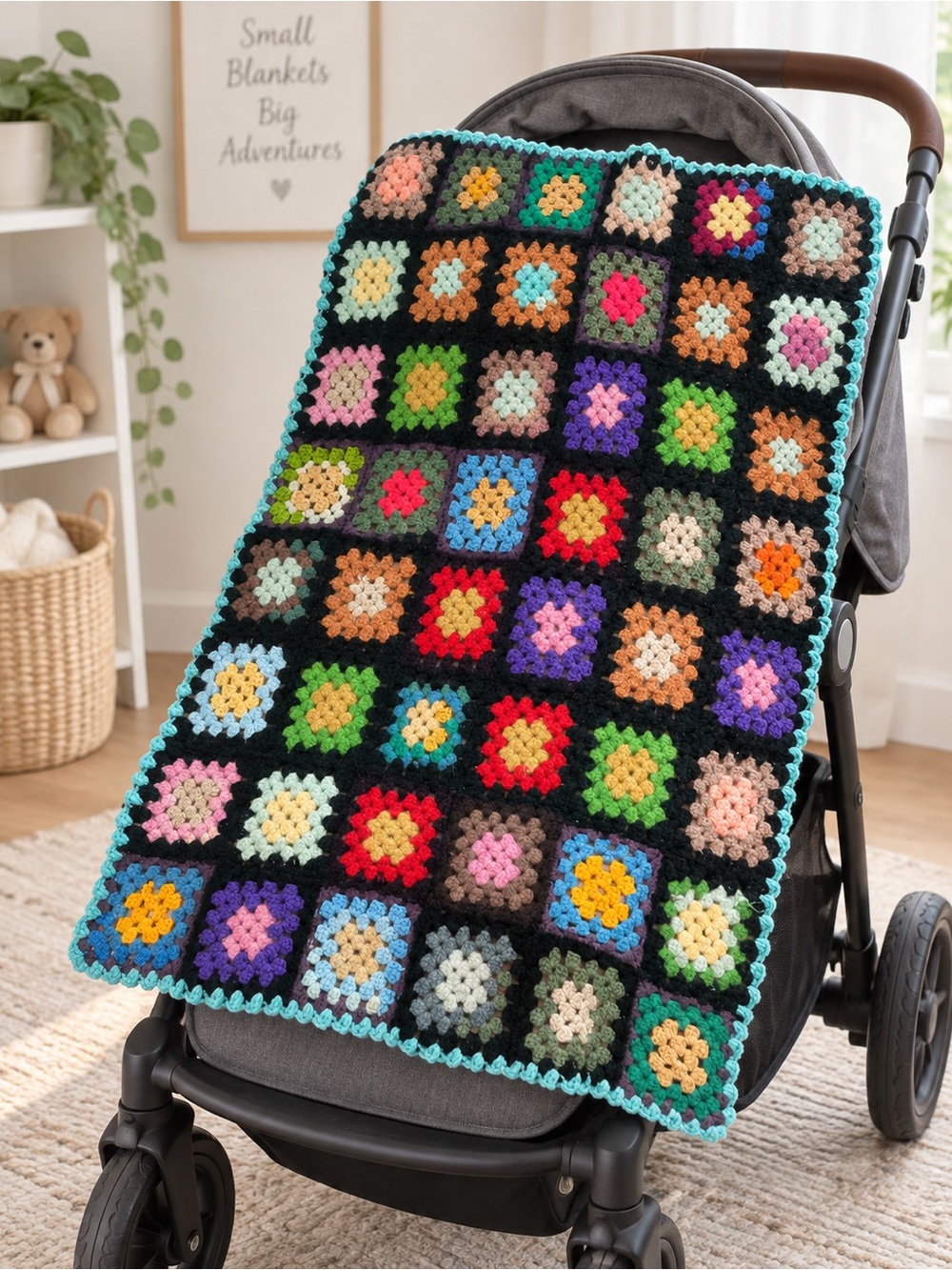 Vintage Handmade Crochet Granny Square Blanket 28x39 Colorful Retro Afghan Throw